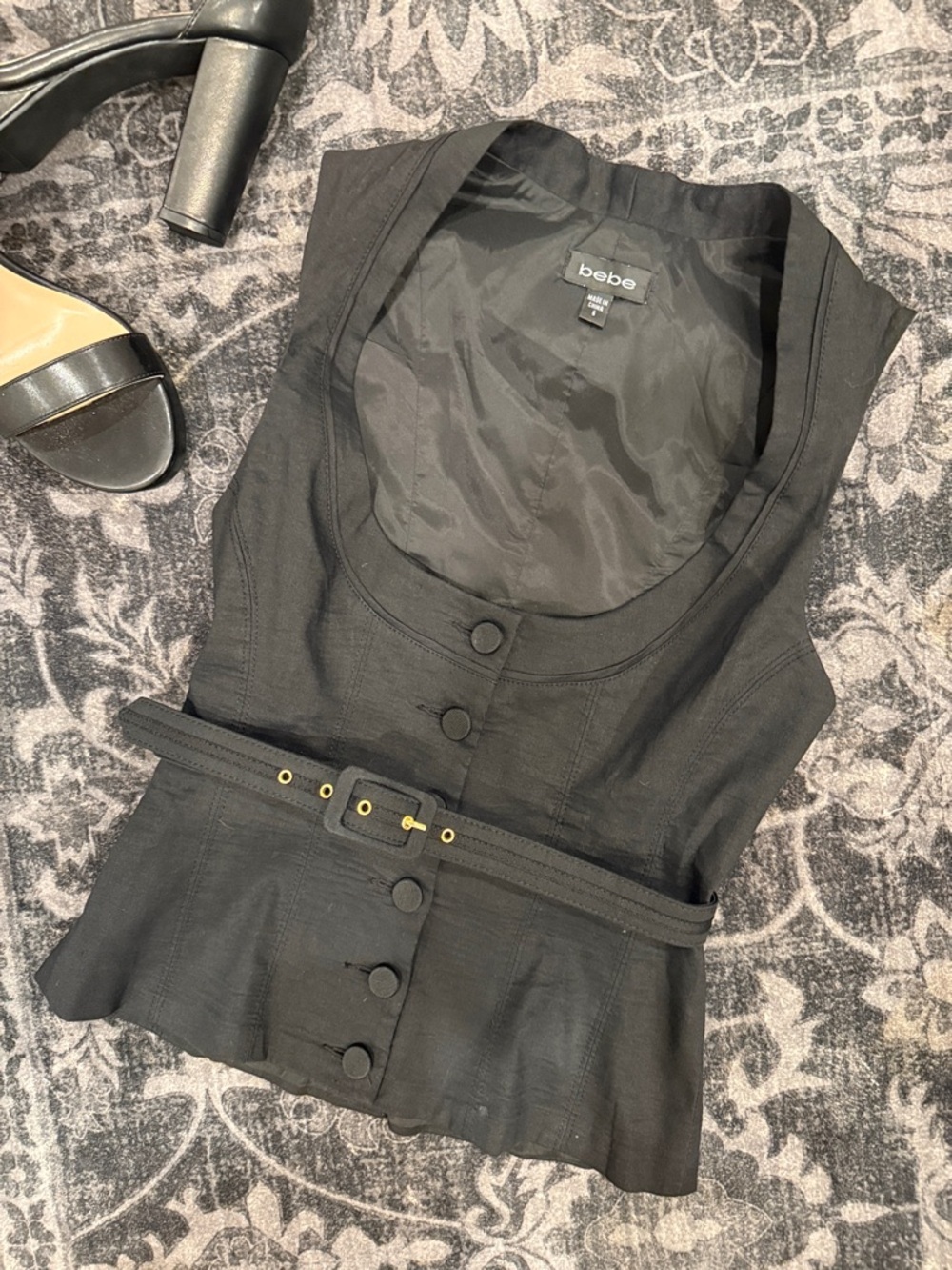 bebe Black Belted Button-Front Tailored Vest Sz. 6